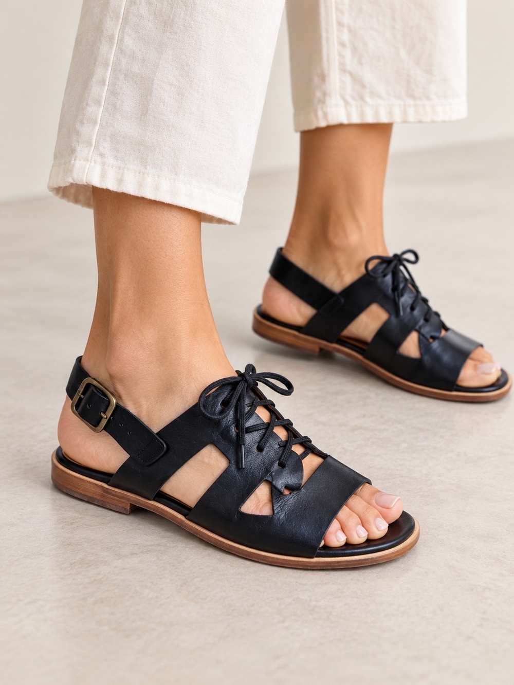 CHIE MIHARA Black Spanish Leather Lace Up Caged Ankle Strap Flat Sandals EU 37 - Picture 15 of 15